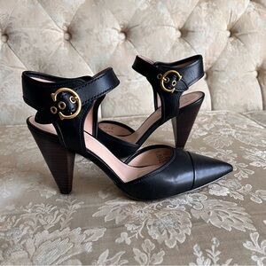 EUC Coach Black Leather Heels with Gold Buckle